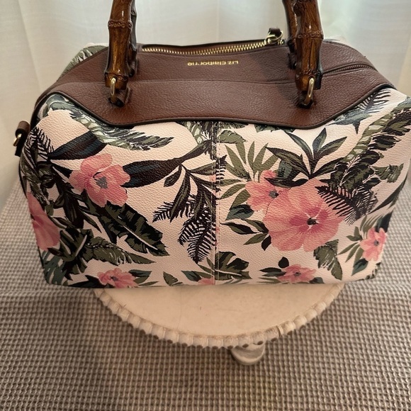 Liz Claiborne Floral Handbag Faux Leather Faux Wood Handle - Picture 3 of 5